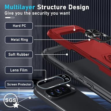 Janmitta for Google Pixel 9 Pro XL Case with Screen Protector+Camera Lens Protector,Heavy Duty Shockproof Full Body Phone Cover Built in Metal Ring Holder Kickstand,2024 Red - Image 3