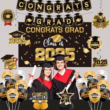 Graduation Decorations 2025 Gold Themed Set - Congrats Grad Banner, Class of 2025 Backdrop, Balloons & Streamers Kit - Complete Party Supplies for High School & College Celebrations - Image 2