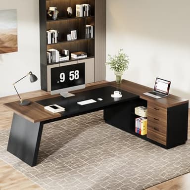 Tribesigns 78" L-Shaped Executive Desk, Large Modern Office Desk with Drawers and File Cabinet, Business Furniture with Storage Shelves, Big Computer Desk for Home Office (Light Walnut + Black) - Image 5