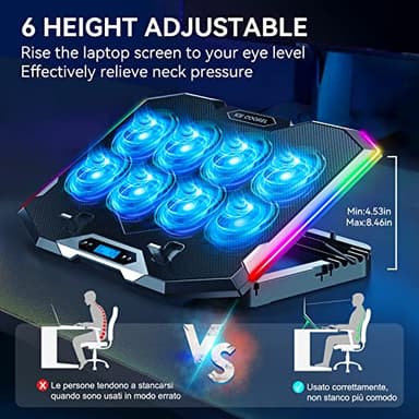 ICE COOREL Gaming Laptop Cooling Pad with 8 Cooling Fans, Laptop Fan Cooler Pad for 15-17.3 Inch, Notebook Cooler Stand with 6 Height Adjustable, RGB Cooling Pad with Two USB Port + Phone Stand - Image 4