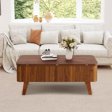 3 in 1 Lift Top Coffee Table, Fluted Convertible Coffee Tables Converts to Dining Tables, Modern Oval Wooden Center Table with Storage for Living Room Office Small Space, Partial Assembly (Walnut) - Image 8