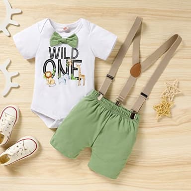 GRNSHTS Baby Boys 1st Birthday Cake Smash Outfit Wild One Bowtie Romper+Bloomers+Suspenders Photo Shoot Clothes Set (Light Green, 9-12 Months) - Image 2