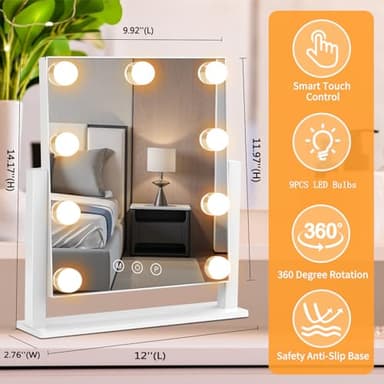 Vanity Mirror with Lights, Hollywood Lighted Makeup Mirror with 3 Color Lighting Modes and 9 Dimmable Bulbs, Detachable 5X Magnification, Smart Touch Control, 360°Rotation, White - Image 4