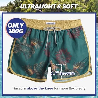 maamgic Mens Short 80s 90s Vintage Swim Trunks with Mesh Lining Quick Dry Bathing Suit Board Shorts Floral Dark Green Medium - Image 6