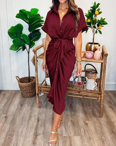 BTFBM Women Button Down Ruched Shirt Dresses Satin Short Sleeve Lapel V Neck Summer Maxi Dress 2025 Party Wedding Guest(Dark Wine Red, Medium) - Image 2