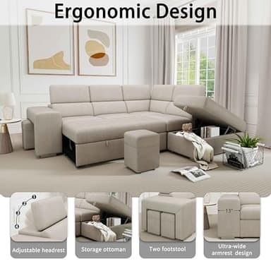 THSUPER 104'' Microfiber L Shaped Sectional Sleeper Sofa Couch with Pull Out Bed and Storage Ottoman, Convertible Couches with Adjustable Headrest for Living Room, Right Facing Chaise. Beige - Image 3