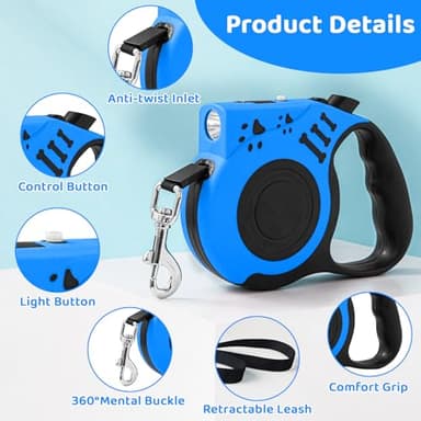 COSOWO Retractable Dog Leash with USB Rechargeable Flashlight for Night Walks, 16FT Automatic Telescopic Tractor Dog Leash for Small and Medium Dogs, Blue - Image 2
