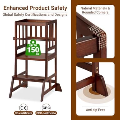COSYLAND Toddler Standing Tower - Adjustable Height Toddler Kitchen Stool Helper - Kids Kitchen Step Stool for Learning with Removable Safety Railing Brown - Image 4