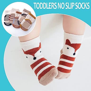TRUEHAN 5 Pairs Toddler Non Slip Socks with Grips Baby Socks for Kids Girls Boys （5 Pairs Stripe Animal Combinations，6-12 months） - Image 4