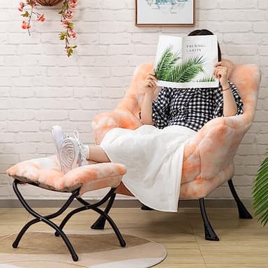HollyHOME Lazy Chair with Foldable Ottoman, Accent Comfy Lounge Armchair and Folding Footrest Stool, Leisure Sofa Reading Chair and Footstool for Living Room, Bedroom, Dorm,Faux Fur Peach - Image 10