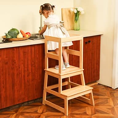 Kids Kitchen Step Stool for Kids with Safety Rail,Solid Wood Construction Toddler Learning Stool, Montessori Toddlers Kitchen Stool Tower(Natural) - Image 7