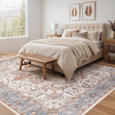 Tortania Area Rug Living Room Rugs - 9x12 Washable Boho Rug Vintage Oriental Distressed Farmhouse Large Thin Indoor Carpet for Living Room Bedroom Under Dining Table Home Office - Azure Orange - Image 2