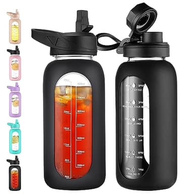CIVAGO 32 oz Glass Water Bottle with Straw and Handle, Large Sports Motivational Water Bottle Flask with Time Marker and 2 Lids, Leakproof Water Jug Canteen with Silicone Sleeve for Gym,Black - Image 1