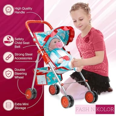 fash n kolor® - Doll Stroller My First Baby Doll Strollers Toy - Flower Design with Basket in The Bottom- Doll Accessories 2 Free Magic Bottles Included (Unicorn Design) - Image 2