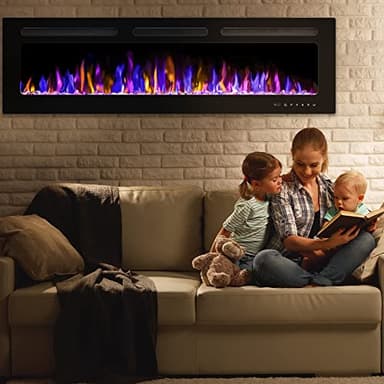 BETELNUT 60" Electric Fireplace Wall Mounted and Recessed with Remote Control, 750/1500W Ultra-Thin Wall Fireplace Heater W/Timer Adjustable Flame Color and Brightness, Log Set & Crystal Options - Image 8