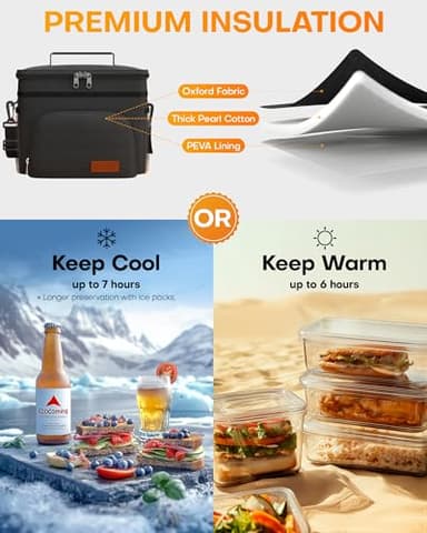 HOTOR Insulated Lunch Box for Men & Women - Leak-Proof Cooler Lunch Bag with 4 Pockets, Adjustable Strap, Ideal for Work, Picnic, Travel - Medium, Black, 10.2"×6.9"×8.5" - Image 2