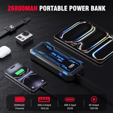 Car Jump Starter 6000A Car Battery Jump Starter Portable,12V Battery Jumper Starter Portable(10.0L Gas/8.0L Diesel),LCD Display Jump Box Jump Starter Battery Pack with Jumper Cable & Flashlight-Blue - Image 4