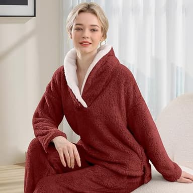 BOSECETA Fluffy Pajamas Set for Women Soft Comfy Fleece Pjs Pullover Pants Loose Plush Sleepwear Fuzzy Loungewear for Winter (Wine red,Medium) - Image 2