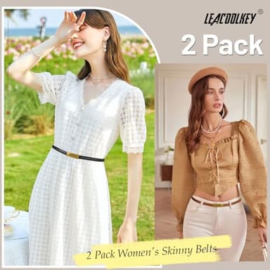 LEACOOLKEY 2 Pack Women Skinny Leather Belts Ladies Vintage Gold Buckle Thin Waist Belts for Dresses Black+Brown - Image 5