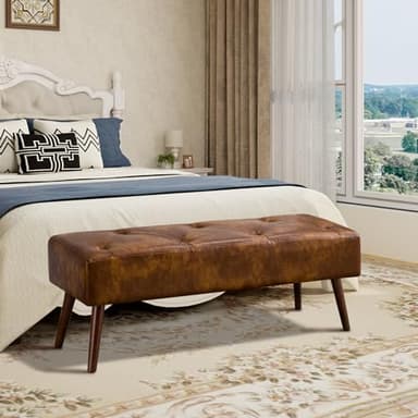 Furnimart Faux Leather Bench Ottoman, Tufted Button Bedroom Benches Footrest Stool in Solid Wood Legs, Long and Dining Bench, Indoor Bench for Entryway Living Room Bedroom (Leather-DustYellow) - Image 9