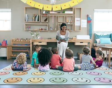 Flagship Carpets Schoolgirl Style Pastel Rainbow Smileys Criss-Cross Applesauce Educational Area Rug for Kids Room, Children's Classroom for Teaching and Playroom, 7'6" x 12', Multi, Seats 28 - Image 6