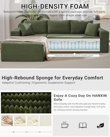 Cloud Sectional Couch,105 Inch Modern Modular Sectional Sofa with Deep Seat,Corduroy Boneless Couches with L-Shape Chaise for Living Room Bedroom,No Assembly Required (Green, Left Facing Chaise) - Image 4