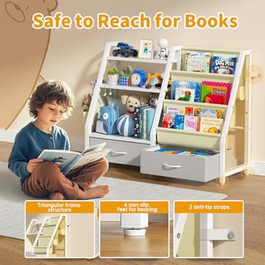 Twinkoo Kids Bookshelf and Toy Organizer, Sturdy 3 Tier Kids Bookcase, Sling Bookshelf and 2 Toy Bins, Toddler Montessori Book Shelf with Toy Storage Organizer for Children Room, Playroom, Nursery - Image 3