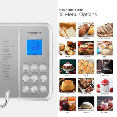 CUCKOO Bread Maker Machine with 15 Menu Options + 3 Crust Colors, 2 lbs Bread Machine with Automatic Fruit & Nut Dispenser, Includes 6 Accessories, Ideal Breadmaker for Sourdough (CBM-AAB101S) - Image 4