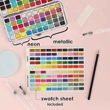 Grabie 100 Colors Watercolor Paint Set - 50 Regular, 35 Metallic, 10 Macaron and 5 Fluorescent Colors - Portable with Carrying Case, Water Brush Pens, and Accessories - For Beginners and Professionals - Image 5