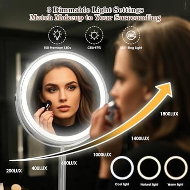 VESAUR 15X Magnifying Mirror with Light, 9.5 Large 5000mAh Rechargeable Double Sided HD Lighted Makeup Mirror with 3 Touch Dimmable Light, 360° Swivel Detachable for Travel Vanity Mirror Nickel, Gifts - Image 3