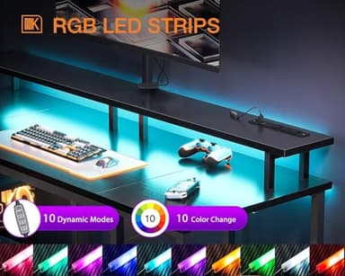 ODK 48 inch Gaming Desk with LED Lights & Power Outlets, Computer Desk with Monitor Stand & Storage Sheves, CPU Stand, Home Office Desk, Black - Image 4