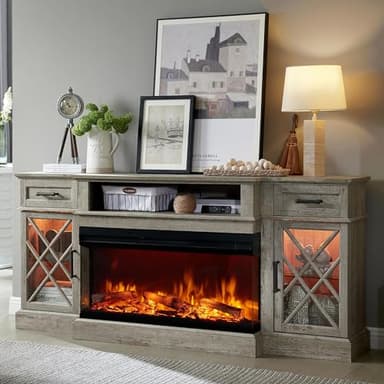 OKD 3-Sided Glass Farmhouse Fireplace TV Stand - Highboy Entertainment Center with Glass Door Storage Cabinet, 70'' Large TV Stands with Electric Fireplace, Light Rustic Oak - Image 1