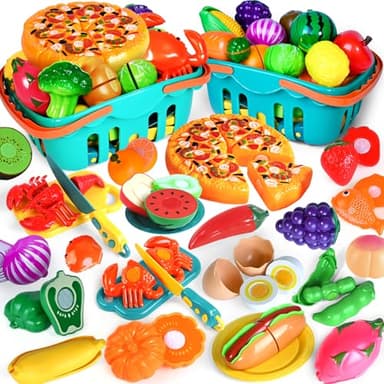 100 PCS Cutting Play Food Toy for Kids Kitchen, Pretend Food Toys for Toddlers, Play Kitchen Toys Accessories with 2 Baskets, Fake Food/Fruit/Vegetable, Birthday Gifts for 3 4 5 Years Old Boys Girls - Image 1