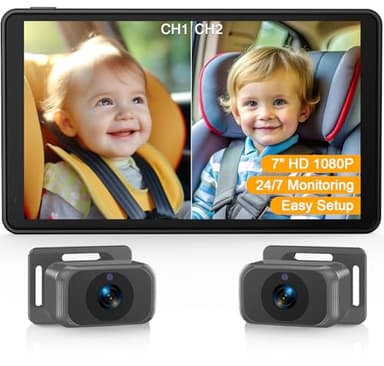 Baby Car Camera for 2 Kids - 7-Inch Split-Screen Monitor, Dual HD 1080P Cameras, Night Vision, 360° Rotatable, Easy Install Backseat Camera for Safety & Convenience - Perfect for Twins or Siblings - Image 1