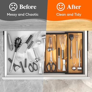 Lifewit Utensil Organizer for Kitchen Drawer, Bamboo Cooking Utensil Tray, Expandable Cutlery Silverware Flatware Holder, Adjustable Spatula Tools Gadgets Storage Divider, Large, Natural and Black - Image 7