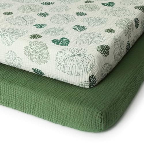 Blissful Diary Muslin Mini Crib Sheets, Pack and Play Mattress Sheets Fitted for Pack N Play, Soft Cotton for Boys Girls, 2 Pack(Monstera&Dark Green) - Image 1