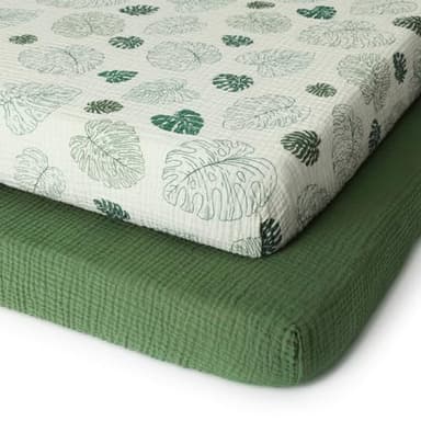 Blissful Diary Muslin Mini Crib Sheets, Pack and Play Mattress Sheets Fitted for Pack N Play, Soft Cotton for Boys Girls, 2 Pack(Monstera&Dark Green) - Image 1