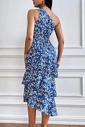 PRETTYGARDEN Women's Summer Floral Sundress Casual One Shoulder Tiered Ruffle Flowy Midi Beach Boho Dresses (Floral Royal Blue White,Small) - Image 6