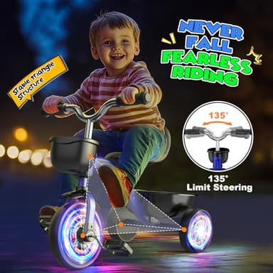 Toddler Tricycle for1-3 3-5 Year Olds, Toddler Toys Baby Bike with 3 Colorful Lighting Wheels, Toys for Ages 2-4, 3-Level Adjustable Seat, 2 3 4 5 Year Old Girl Boy Birthday Gifts Blue - Image 3