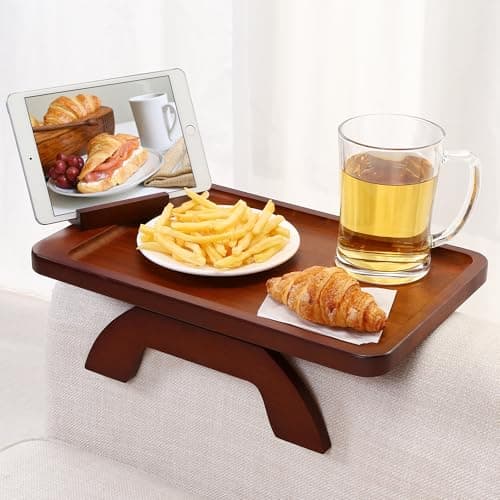 SINWANT Couch Arm Tray, Bamboo Couch Arm Table with 360° Rotating Phone Holder,Sofa Armrest Tray for Eating,Drinks,Snacks, Remote Control - Image 1