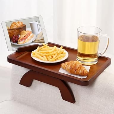 SINWANT Couch Arm Tray, Bamboo Couch Arm Table with 360° Rotating Phone Holder,Sofa Armrest Tray for Eating,Drinks,Snacks, Remote Control - Image 1