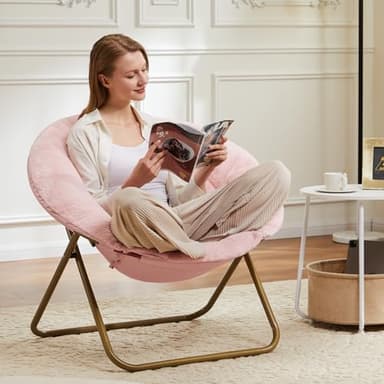 DUMOS Comfy Saucer Chairs Cozy Faux Fur Soft Lounge Cute Folding Bedroom Living Room Seat Flexible Reading Foldable Seating for Kids Adults Thick Padded Metal Frame Modern for Home Office Pink - Image 2