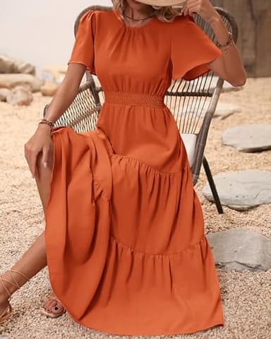 PRETTYGARDEN Woman Summer Clothes Casual Short Sleeve Maxi Dress Plain Soft Business Work Dresses 2025 Trendy(Solid Orange,Large) - Image 4