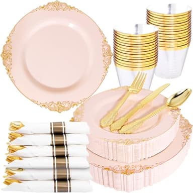 Nervure 175PCS Pink Plastic Plates - Disposable Pink Gold Party Plates & Pre Rolled Napkins with Cutlery for 25 Guests, 50Plates, 75Silverware, 25Cups, 25Napkin for Wedding & Party - Image 1