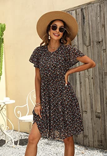 Manydress Women's Chiffon Floral Casual Summer Boho Flutter Sleeve Flowy Skater Western Dress MY112 (Black Print, M) - Image 6
