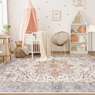 Tortania Area Rug Living Room Rugs - 9x12 Washable Boho Rug Vintage Oriental Distressed Farmhouse Large Thin Indoor Carpet for Living Room Bedroom Under Dining Table Home Office - Azure Orange - Image 3