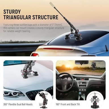 NEEWER Triple Suction Cup Car Mount Kit with 2in1 Extension Pole/Selfie Stick, Quick Release Outside Windshield Magic Arm Camera Mount with Action Camera Adapter Compatible with GoPro Insta360, CA065 - Image 4
