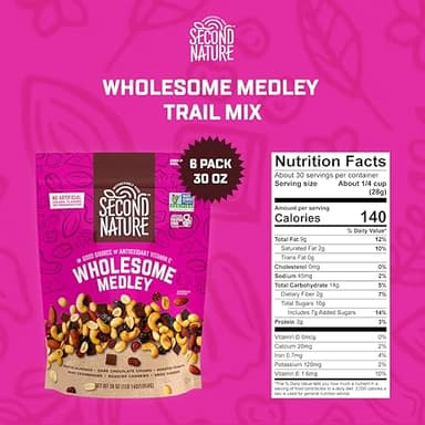 Second Nature Wholesome Medley Trail Mix - 30 oz Resealable Snack Pouches (Pack of 6), Certified Gluten-Free Snack – Dark Chocolate, Dried Fruit and Nut Trail Mix, Ideal for Travel Snacks - Image 2