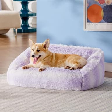 Lesure Dog Bed Medium Size - Cute Furry Calming Puppy Beds, Rectangle Washable Indoor Pet Beds with Removable Zipper Cover, 35x25x11inches, Purple Stripe - Image 8