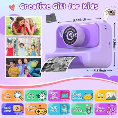 Kids Camera Instant Print, Christmas Birthday Gifts for Girls and Boys, 1080P HD Video Digital Kids Camera with 32G Card, Toddler Camera for 3-12 Years Old, Purple - Image 2